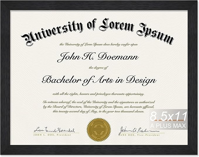 A PLUS MAX Black 8.5 x 11 Frame, Engineered Wood Frame with Wood-grain for Display 8.5 by 11 Document Award Certificate Wall and Tabletop - 1 Pack/Black/8.5x11