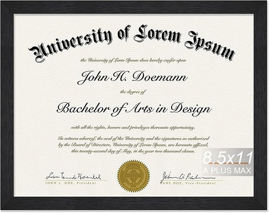 A PLUS MAX Black 8.5 x 11 Frame, Engineered Wood Frame with Wood-grain for Display 8.5 by 11 Document Award Certificate Wall and Tabletop - 1 Pack/Black/8.5x11