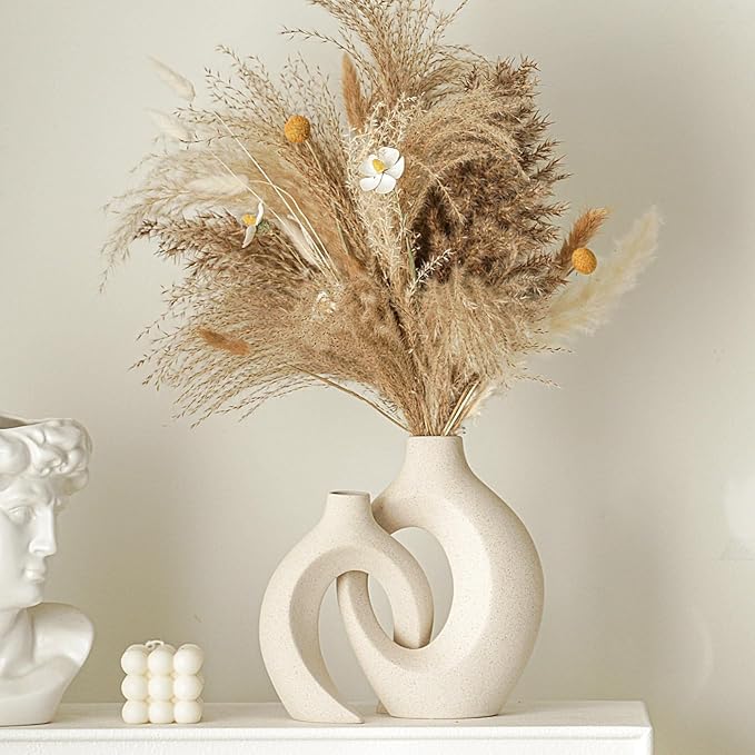 Snuggle Hollow Ceramic Vase Set of 2, Nordic Modern Boho ins Style Decorative Ceramic Aesthetic Flower Vase for Home Decor (Milky White W 6.3