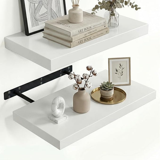 INHABIT UNION 20in Floating Shelves for Wall, Wall Mounted Shelves for Decor Storage Set of 2, Floating Shelf for Bedroom, Bathroom, Living Room and Kitchen（White）
