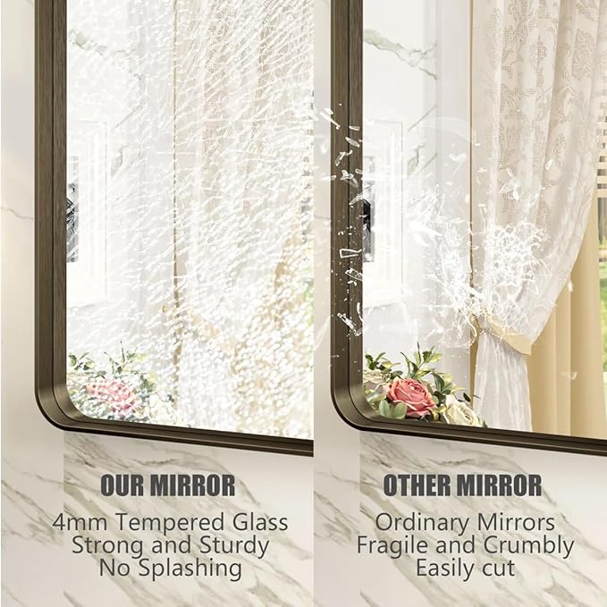 60x40 Bronze Bathroom Mirror, Brushed Bronze Metal Frame Mirrors for Wall, Rounded Rectangle Bronze Mirror for Vanity,Bedroom, Shatterproof, Anti-Rust (Horizontal/Vertical)