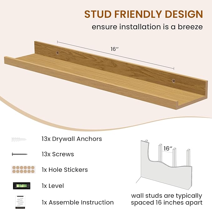 Axeman Picture Ledge Shelf, Floating Shelves for Decor Storage Set of 6, 24 inch Floating Wall Mounted Shelves, Wall Shelves with Lip for Living Room, Bedroom, Nursery, Bathroom, Kitchen, Oak
