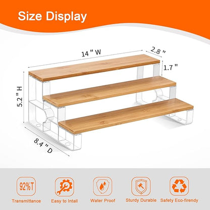 junyuan Spice Rack,3 Tier Spice Organization for Cabinet,Seasoning Organizer,Kitchen Counter Shelf,Bamboo Tiered Display Stand,Clear Extended Width 14"