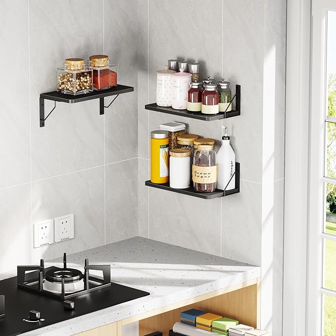 Wooden Floating Shelves for Wall, Floating Shelf for Bedroom Kitchen Decor, Wall Mounted Rustic Farmhouse Wood Shelf for Books, Plants, Set of 3 (Black, M (Rectangular))