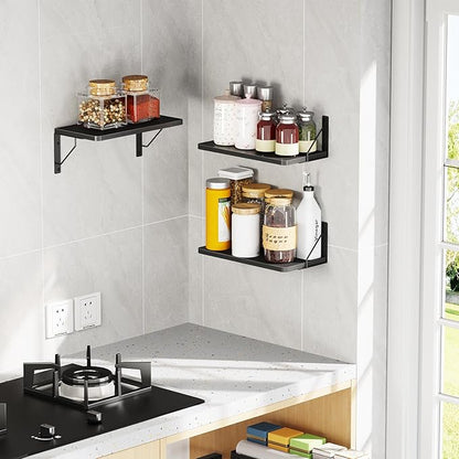 Wooden Floating Shelves for Wall, Floating Shelf for Bedroom Kitchen Decor, Wall Mounted Rustic Farmhouse Wood Shelf for Books, Plants, Set of 3 (Black, M (Rectangular))
