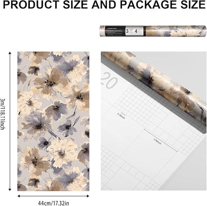 Purple Watercolor Floral Peel and Stick Wallpaper, 118" x 17.3" Vintage Removable Waterproof Self Adhesive Wall Paper, Brown Flower Contact Paper Peel and Stick for Classroom Cabinets 14.4 sq.ft