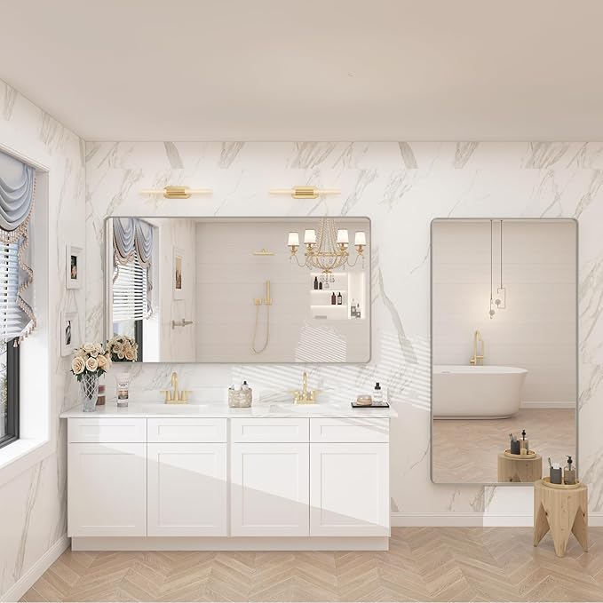 60x28 Matte Bathroom Mirror for Wall, Silver Brushed Framed Bathroom Vanity Mirror, Rectangle Bathroom Nickel Mirror, Rounded Corners, Tempered Glass(Horizontal/Vertical)