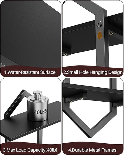 3 Tier Floating Shelves, Set of 2 Wall Shelves for Living Room, Modern Geometric Wooden Shelf for Wall Decor, Hanging Storage Shelf for Bedroom Bathroom Kitchen Home Office (Black)