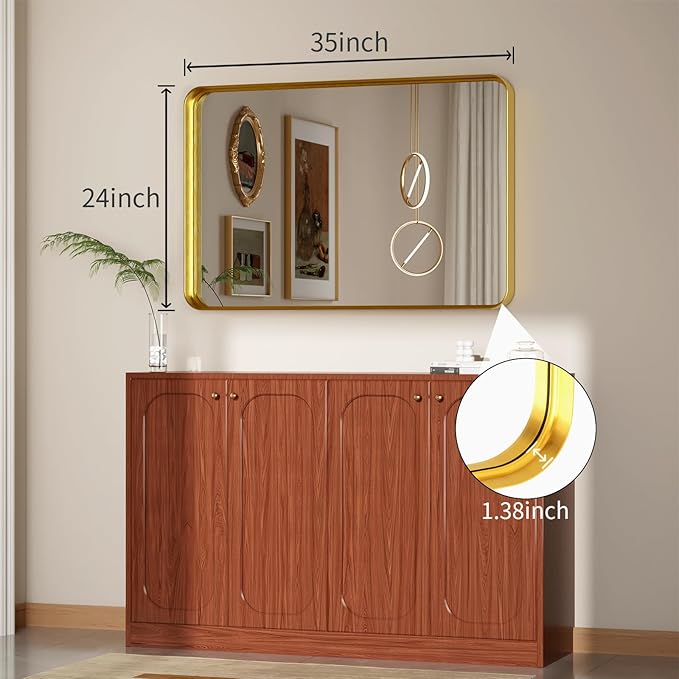 Koonmi Gold Wall Mirror for Bathroom, 24x35 Inch Matte Deep Framed Rounded Rectangle Vanity Mirror for Farmhouse Living Room, Tempered Glass, Anti-Rust, Vertically or Horizontally