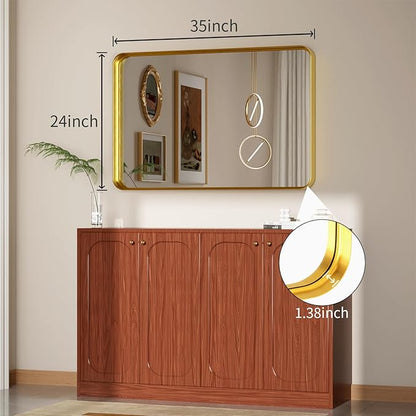 Koonmi Gold Wall Mirror for Bathroom, 24x35 Inch Matte Deep Framed Rounded Rectangle Vanity Mirror for Farmhouse Living Room, Tempered Glass, Anti-Rust, Vertically or Horizontally