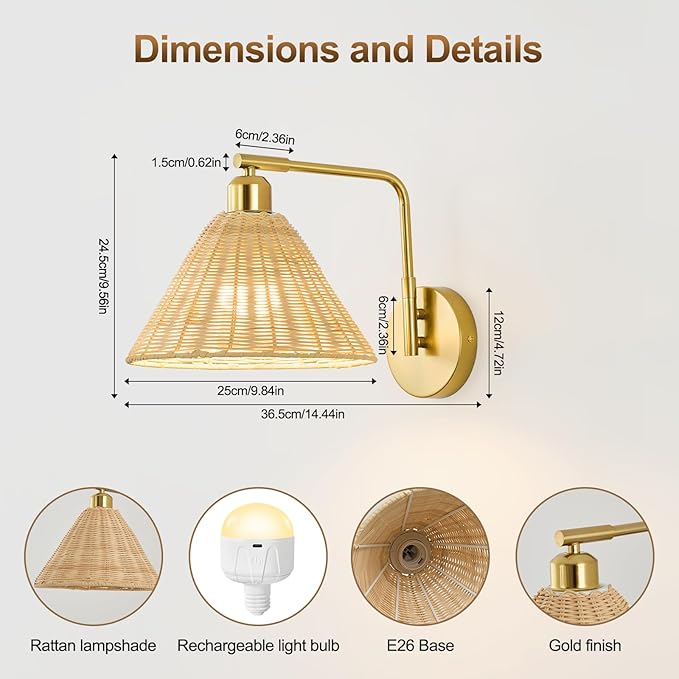 Rattan Rechargeable Wall Sconce Set of 2, Gold Battery Operated Wall Lights with Remote, Hand Woven Boho Sconces Swing Arm Wireless Wall Lamp for Bedroom, Living Room, Hallway Decor