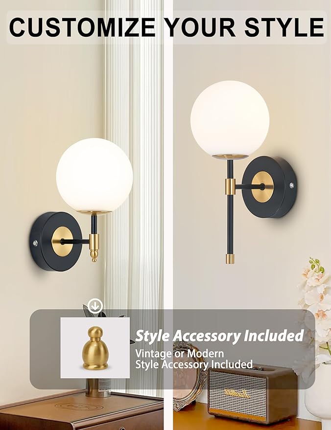 Battery Operated Wall Sconces Set of 2, Glass Globe Wireless Lights with Remote & Touch Control, Rechargeable Black & Gold Sconce, 3 Color Dimmable Ambient Lighting for Bedroom Living Room