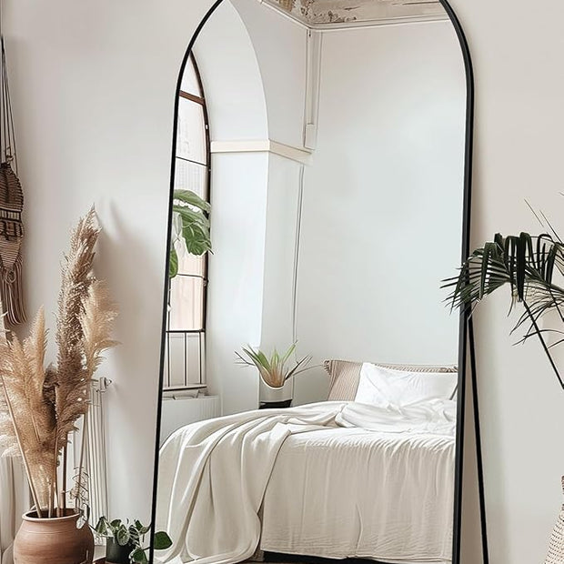 Full Length Mirror with Stand, 76"x34" Arched Full Body Mirror, Large Stand Up Mirrors, Aluminum Frame Floor Standing Mirrors, Freestanding Hanging Leaning Mounted for Bedroom Living Room, Black