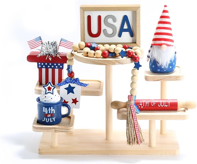 4th of July Decorations, Memorial Day Decorations, Independence Day Patriotic Tiered Tray Decor Set, 6 Pieces Fourth of July Centerpieces for Home Office Table Shelf, Red White and Blue Decorations