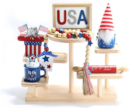 4th of July Decorations, Memorial Day Decorations, Independence Day Patriotic Tiered Tray Decor Set, 6 Pieces Fourth of July Centerpieces for Home Office Table Shelf, Red White and Blue Decorations
