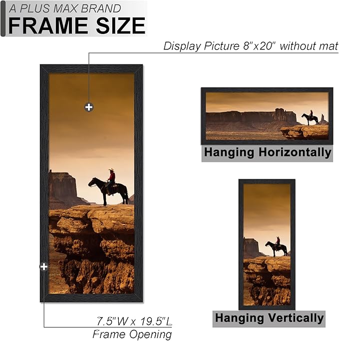 A PLUS MAX 8x20 Picture Frame Set of 3, Black Engineered Wood Frame for 8 x 20 Inch Picture Poster Photo, Light Weight 8 by 20 Frame with Wood-grain for Wall - 3 Pack/Black/8