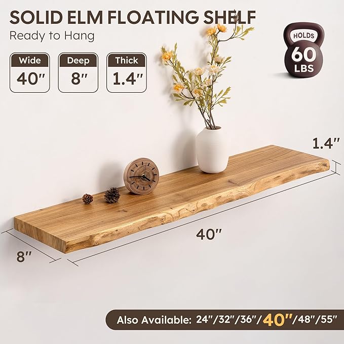Live Edge Floating Shelf, 40 Inch Rustic Solid Elm Wood - Natural Wood Tone with Invisible Brackets, Wall Mounted for Living Room, Kitchen, Bathroom