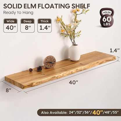 Live Edge Floating Shelf, 40 Inch Rustic Solid Elm Wood - Natural Wood Tone with Invisible Brackets, Wall Mounted for Living Room, Kitchen, Bathroom