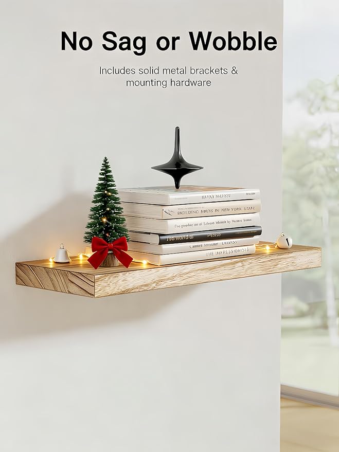 AMADA HOMEFURNISHING Floating Shelves, Paulownia Wood Wall Shelves for Living Room/Bedroom/Kitchen/Home Office, Wood Floating Shelf for Home Storage & Organization Set of 4 15.75" L x 5.91" W x 0.98"H