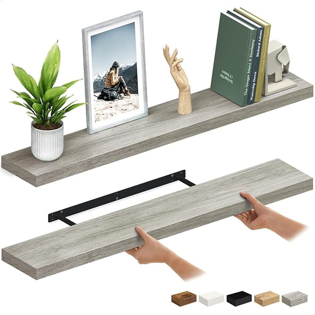 Ballucci Floating Shelves for Wall, 48" Wood Wall Shelf Set of 2, with Invisible Brackets for Bathroom, Living Room, Bedroom, Kitchen, Nursery, 8" Deep, Rustic Gray