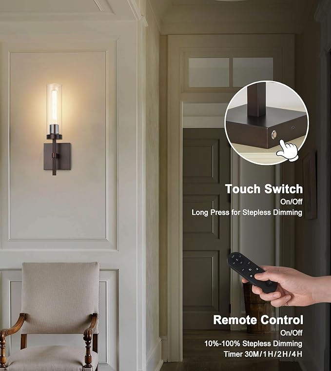 Oil Rubbed Bronze Battery Operated Wall Sconces with Remote Control, Wireless Wall Sconce Set of 2, Rechargeable Cordless Wall Lights for Living Room Bathroom Hallway Entryway Stairwell