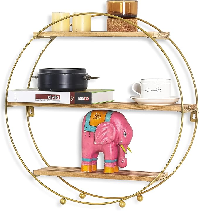 Round Wall Shelf Gold, 3 Tier Metal & Wood Circle Shelf Set, Round Shelves Wall Decor for Living Room,Bedroom,Bathroom (Gold)