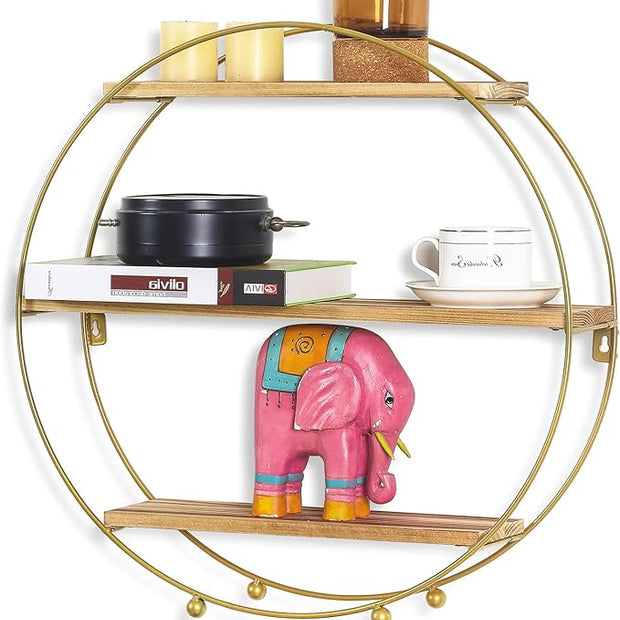 Round Wall Shelf Gold, 3 Tier Metal & Wood Circle Shelf Set, Round Shelves Wall Decor for Living Room,Bedroom,Bathroom (Gold)