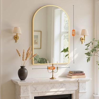 Sweetcrispy 26"x38" Arched Gold Bathroom Mirror Wall Mounted Vanity Metal Frame Mirror for Bedroom, Entryway, Living Room