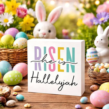 Easter Decorations for Home Christian Wooden Box Sign, He Is Risen Hallelujah Rustic Farmhouse Decor, Inspirational Religious Desk Shelf Tabletop Plaque for Living Room Bedroom Office Spring Gift