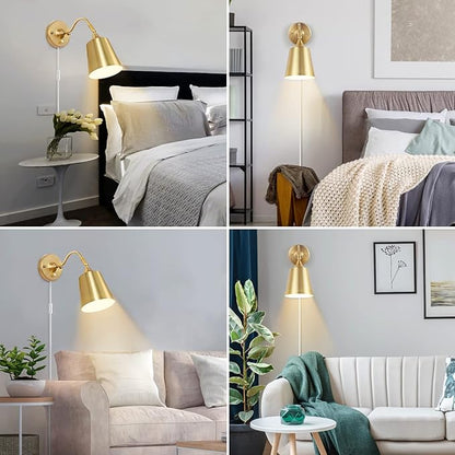 TRLIFE Wall Sconce Plug in, Dimmable Wall Sconces Adjustable Gold Wall Lights with Plug in Cord and Dimmer On/Off Knob Switch, Wall Mounted Light for Bedside Bedroom Stairway(2 Pack, 2 Bulbs Included)