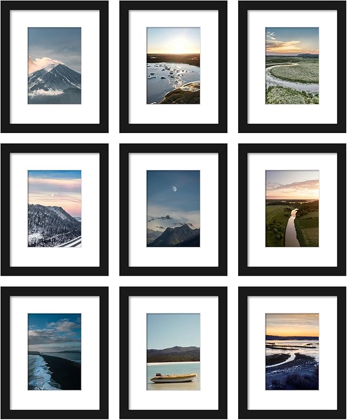 Wiscet 8x10 Picture Frame Set of 9, Display Pictures 5x7 with Mat or 8 x 10 Without Mat, Photo Frame for Wall Mounting or Tabletop, Black