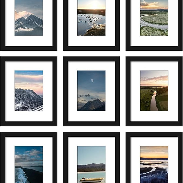 Wiscet 8x10 Picture Frame Set of 9, Display Pictures 5x7 with Mat or 8 x 10 Without Mat, Photo Frame for Wall Mounting or Tabletop, Black