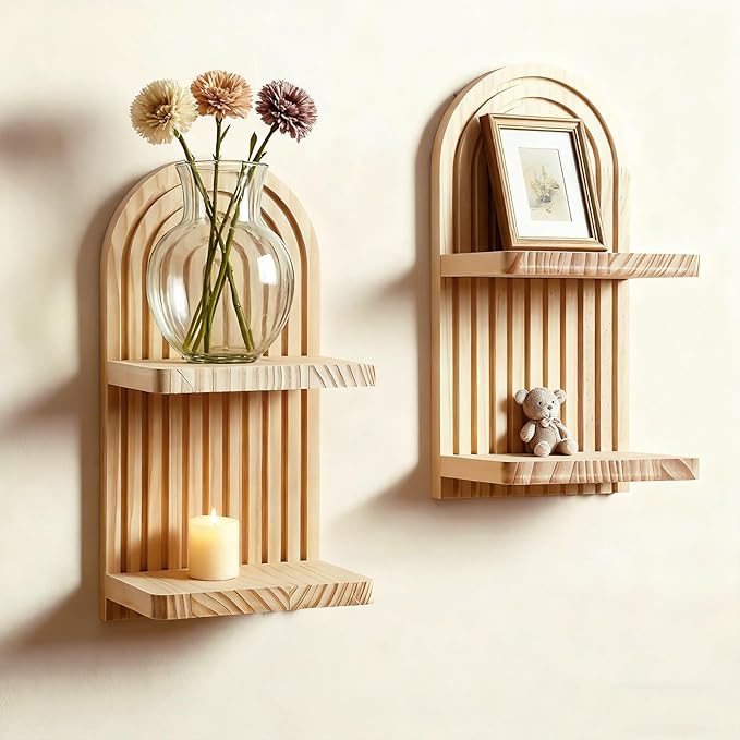 Artilady 2 Pack Boho Wall Hanging Shelves - 2 Tier Handmade Rainbow Arch Solid Wood Floating Shelf Wall Decor Trinket Storage Rack for Bedroom Living Room Nursery Bathroom