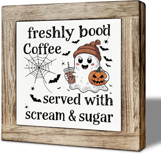 Halloween Coffee Decor, Fall Decors Art, Funny Wooden Box Sign for Home Kitchen Decor, Freshly Boo'd Coffee Sign, Coffees Bar Decoration for Desk Table, Funny Ghost Decors 5.9x5.9 inches