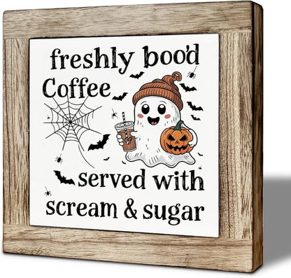 Halloween Coffee Decor, Fall Decors Art, Funny Wooden Box Sign for Home Kitchen Decor, Freshly Boo'd Coffee Sign, Coffees Bar Decoration for Desk Table, Funny Ghost Decors 5.9x5.9 inches