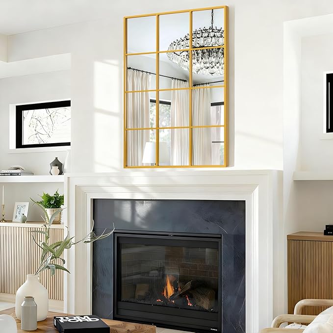 Large Rectangle Large Wall Mirror, Gold Metal Framed Mirror Golden Wall Mounted Decorative Mirrors for Living Room Bedroom Entryway 24x35 Inch Decor