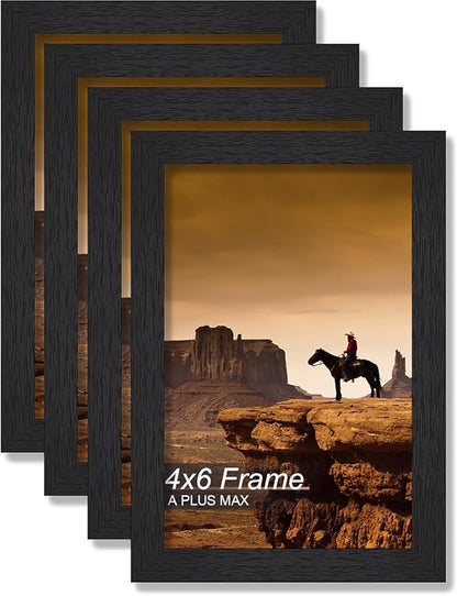 A PLUS MAX 4x6 Picture Frame Set of 4, Black Engineered Wood Frame for 4 x 6 Inch Picture Poster Photo, Light Weight 4 by 6 Frame with Wood-grain for Wall - 4 Pack/Black/4"x6"
