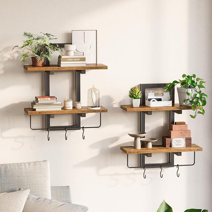 Floating Shelves for Wall Set of 2, Wood Wall Shelf with 6 Hooks, 2 Tier Hanging Decorative Storage Shelves for Living Room Bedroom Bathroom Kitchen Office Coffee Bar, Rustic Brown