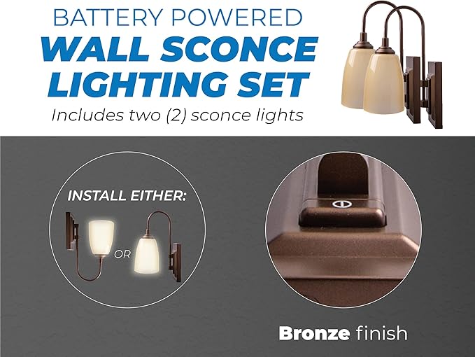 Westek LED Battery Operated Wall Sconce, 2 Pack - 4 Hour Auto Shut-Off Wireless Wall Sconce, 100 Lumens - Easy Install Battery Powered Sconce Light - Plastic with Bronze Finish
