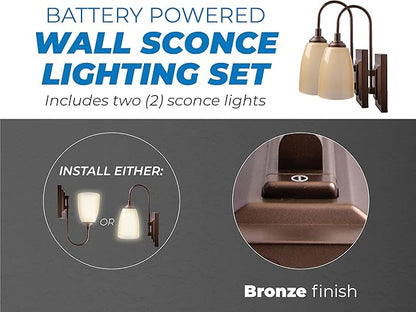 Westek LED Battery Operated Wall Sconce, 2 Pack - 4 Hour Auto Shut-Off Wireless Wall Sconce, 100 Lumens - Easy Install Battery Powered Sconce Light - Plastic with Bronze Finish