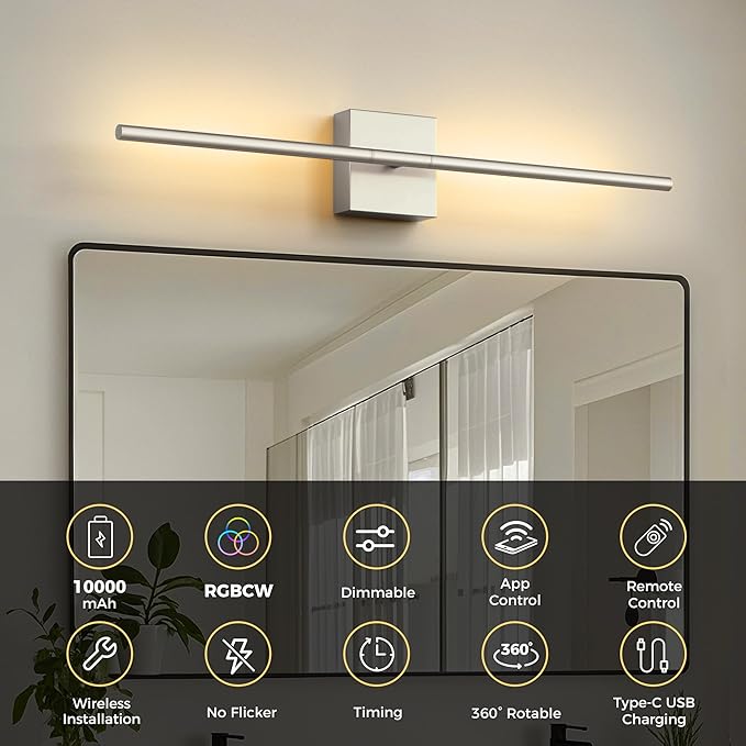 L LOHAS LED Battery Operated Wall Sconces Set of 2, Battery Wall Sconce 10000mAh, Nickel Rechargeable Sconces 3CCT + RGB, 28.7 Inch Wireless Wall Lights, Sconce Wall Decor for Bedroom, Living Room