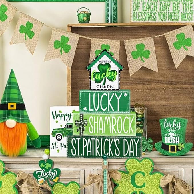 DIYDEC 4Pcs St.Patrick's Day Table Decoration Shamrocks House Wooden Block Signs Rustic St. Patrick Tiered Tray Decor Happy St.Patrick's Day Centerpiece Sign for Farmhouse Holiday Tabletop Party Decor