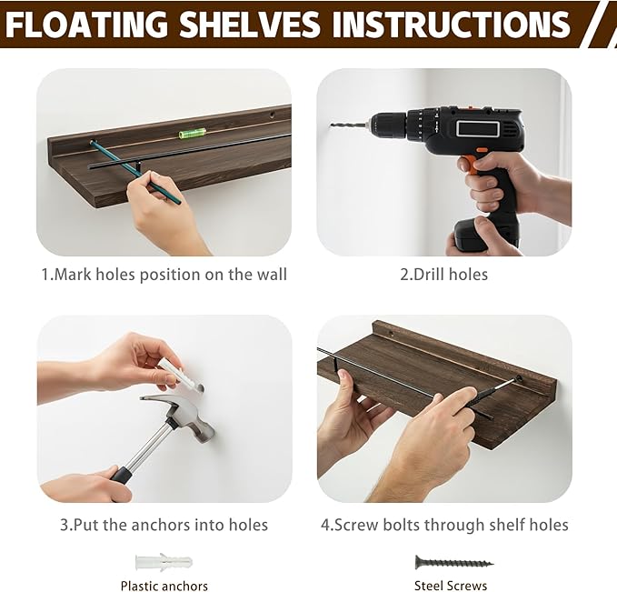 Floating Shelves Set of 3, 15.74 inches Rustic Wood Wall Shelves for Bathroom，Bedroom, Living Room, Kitchen & Book, Hanging Display Decor Organization Shelf with 22 lbs Capacity