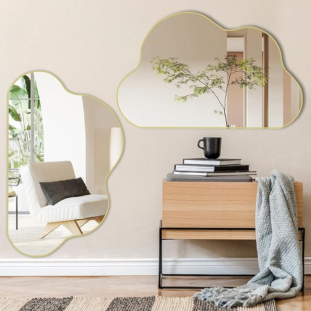 POZINO Gold Irregular Mirror, 33.5"x20.5" Cloud Shaped Mirrors, Asymmetrical Wall Mirror, Abstract Funky Frameless Mirrors for Living Room Bathroom Bedroom Entryway Fireplace