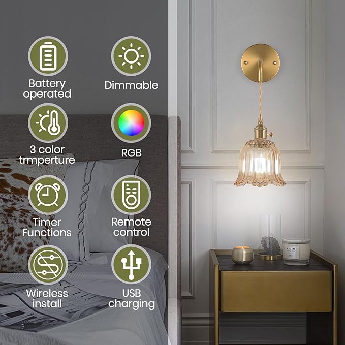 Battery Operated Wall Sconce Rechargeable,Wireless Wall Lamp with Adjustable Chain Retro Set of 2, Wall Light 12 Colors RGB with Dimmable Remote, Indoor Wall Lamp for Living Room Bedroom