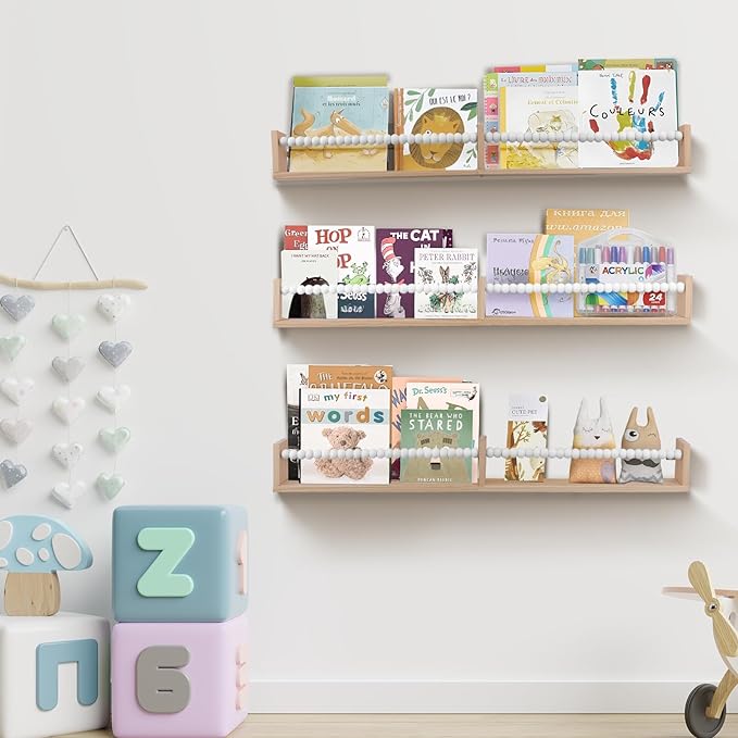 Nursery Bookshelf,Set of 3 White Wood Floating Bookshelf for Kids,Nursery Shelves for Wall,Bathroom Decor, Kitchen Spice Rack (White 3)
