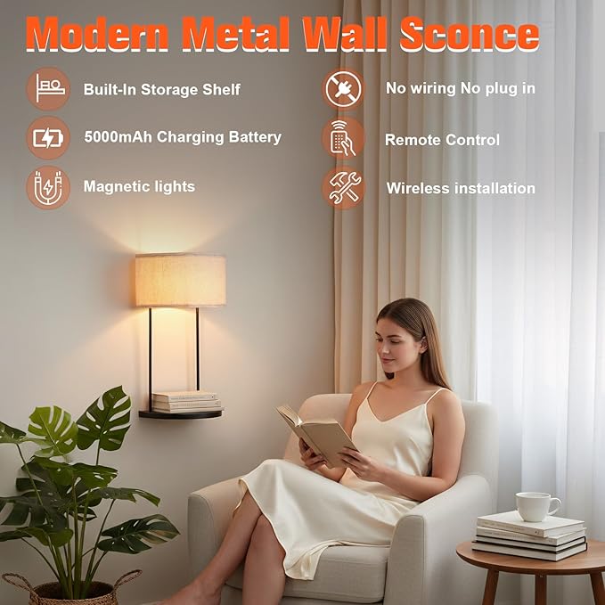 Wireless Wall Sconce with 5000 mAh Rechargeable Magnetic RGB Bulb & Remote Control, Battery Operated Metal Wall Light with Shelf for Bedroom Bedside Table or Living Room Decor