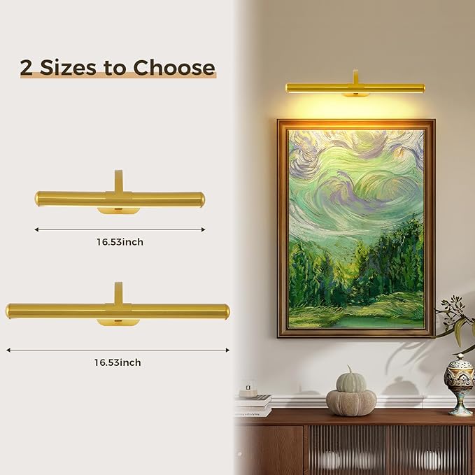Joossnwell 16.54 Inch Touch Control Picture Light, Gold Rechargeable Battery Wall Sconce, Magnetic 3 CCT Dimmable Art Display Lamp for Large Painting, Dartboard, Portrait and Reading