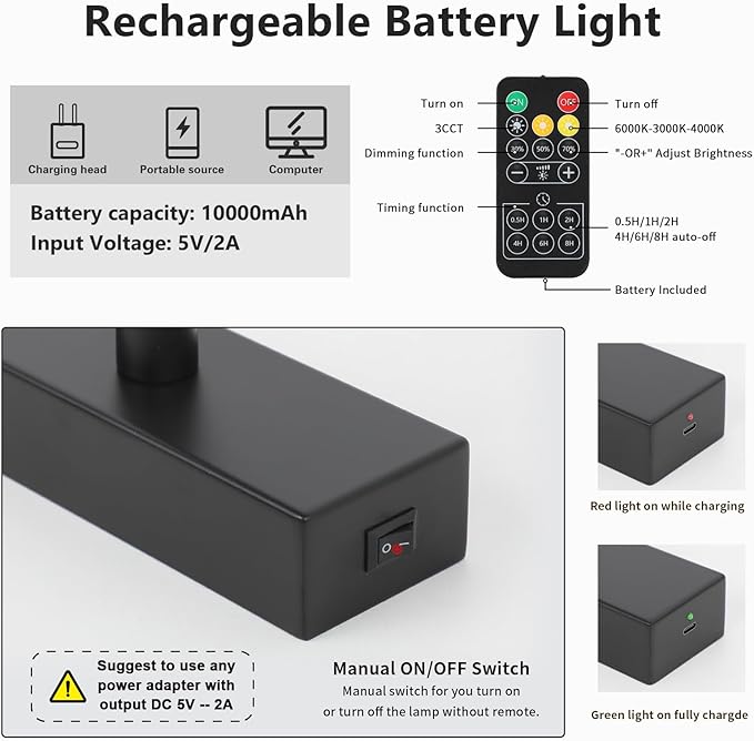 Joosenhouse Battery Operated Picture Light, Wireless Gallery Light with Remote Control and Timer Off, 10000mAh Rechargeable Painting Art Light, 23.23 Inch Dimmable Black Wall Sconce