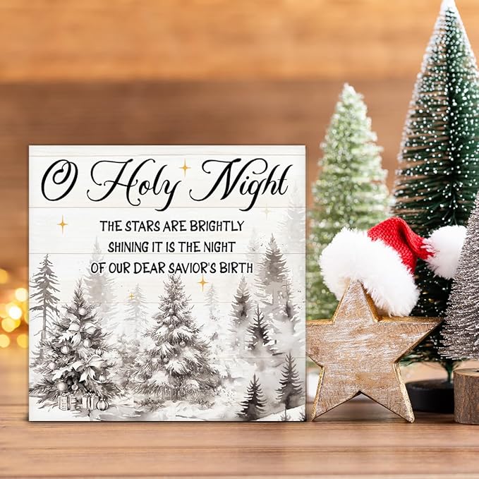 Holy Night Christmas Decor, Christian Decorations, Christmas the Nativity Wooden Sign Rustic Home Shelf Desk Decor 5 x 5 Inches